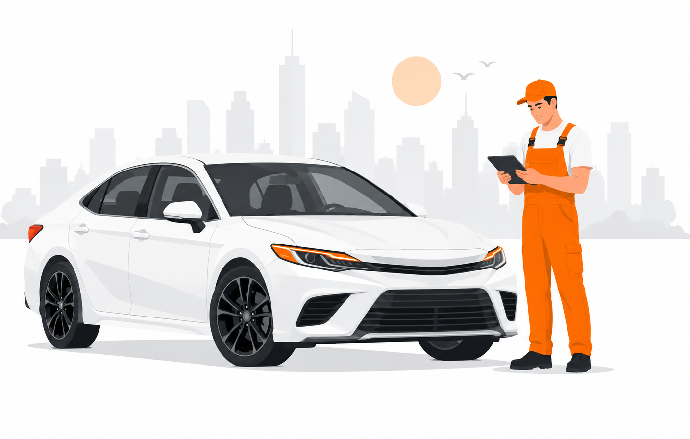Karmic mobile mechanic in an orange uniform beside a white sedan